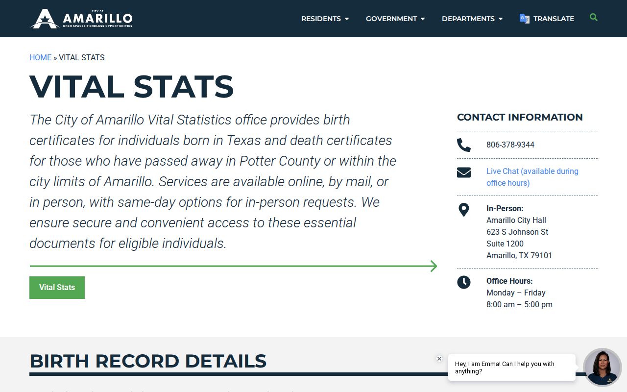 Amarillo residents directory Vital Statistics access page