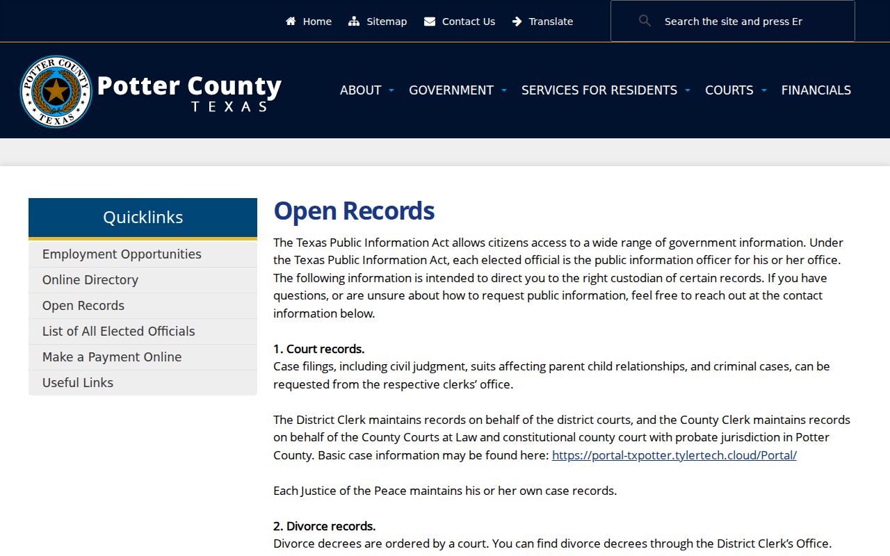 Amarillo residents directory Potter County open-records routing page