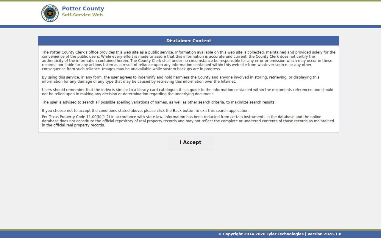 Amarillo previous residents research view of the Potter recorder index disclaimer
