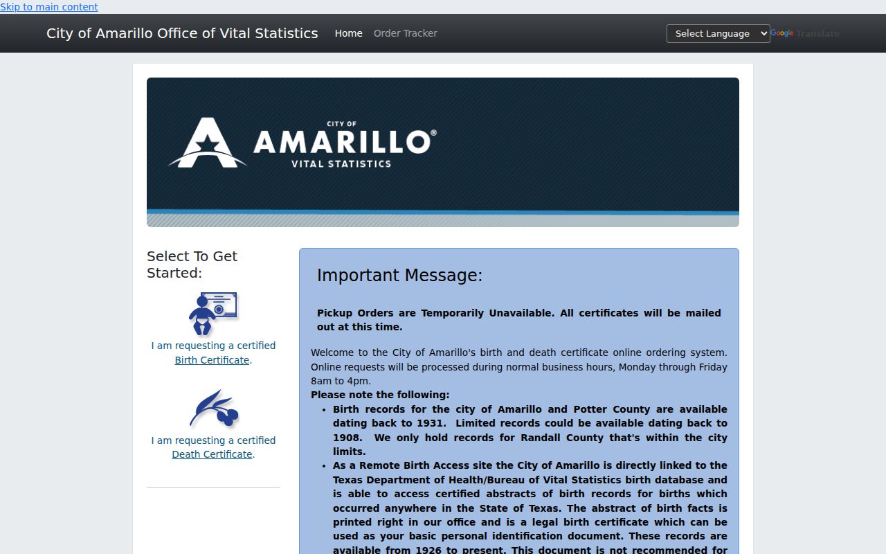 Amarillo resident lookup image of the certified vital-record application portal