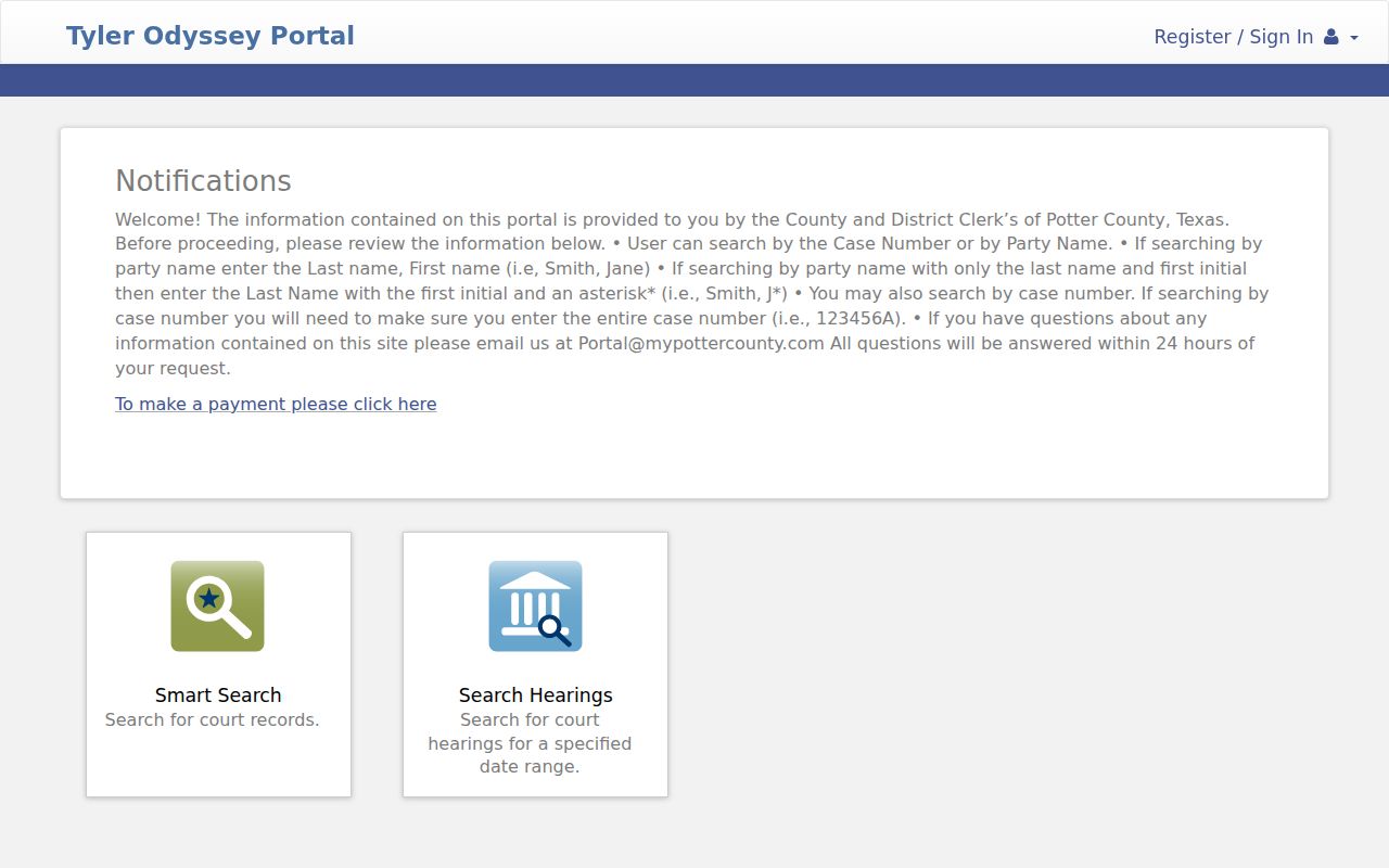 Amarillo resident lookup view of the Potter County case-information portal
